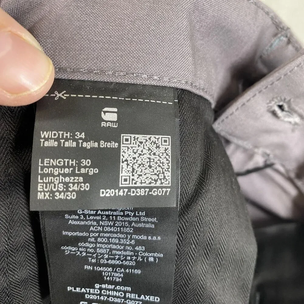 G-Star RAW Pants Mens 34x26 (Tag 34x30) Gray Pleated Work Chino Relaxed Tapered